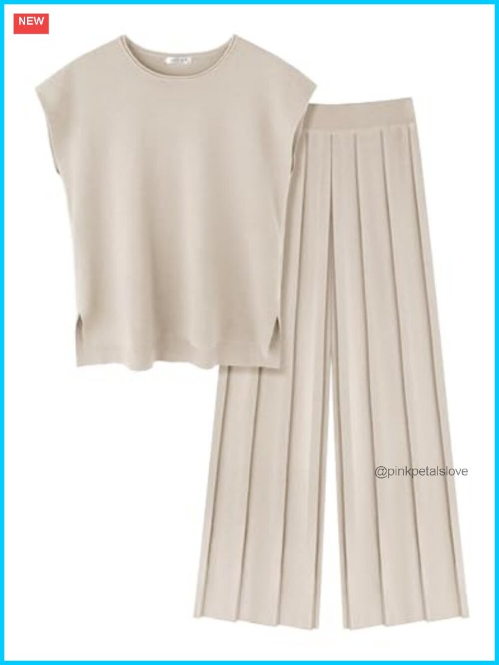 Knit Two Piece Lounge Set Cap Sleeve Top Wide Leg Pleated Pants
